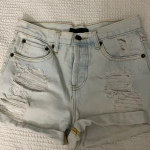 Light wash distressed high waisted denim shorts